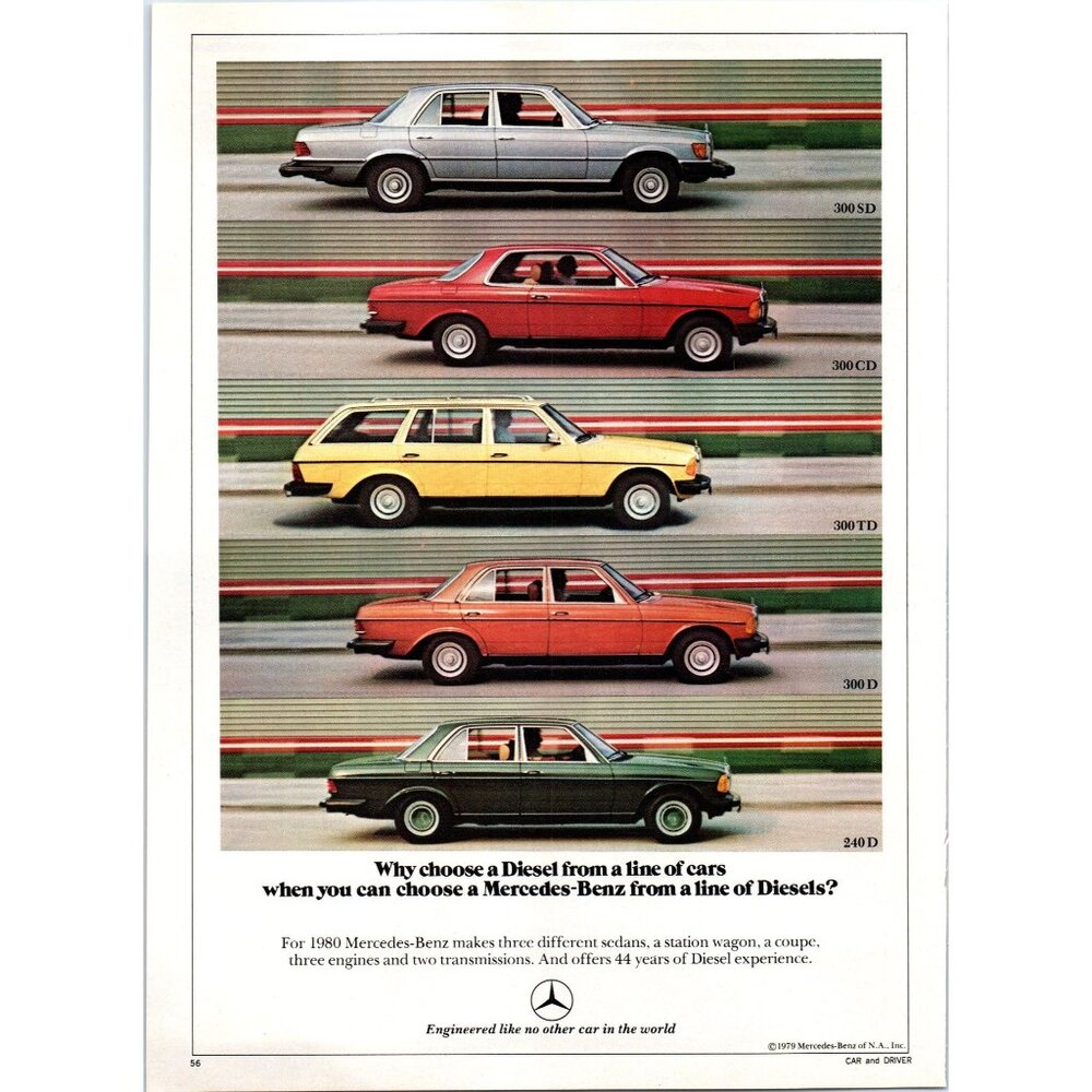 1980 Mercedes Diesel Car Lineup Vintage Print Ad German Import 80s Wall Art
